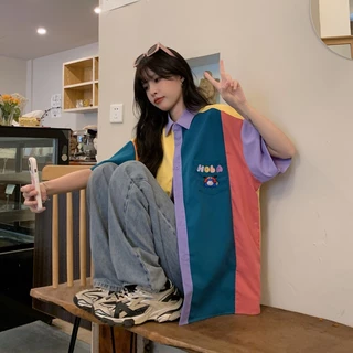 Rommers เสื้อเชิ้ตแขนสั้น ความยาวปานกลาง แบบบาง ทรงหลวม สีคอนทราสต์ สไตล์วินเทจ สําหรับผู้หญิง