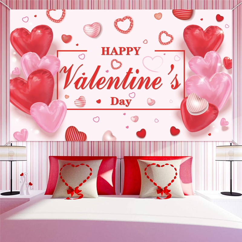 Happy Valentine's Day แบนเนอร์ผ้า ธีมโรแมนติก สีชมพู สีแดง สําหรับตกแต่งปาร์ตี้ วันวาเลนไทน์