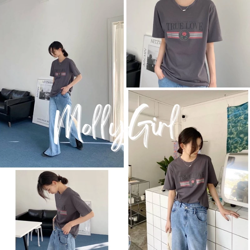 Mollygirl เสื้อยืดคอกลมสกรีนลาย เสื้อยืดคอกลม เสื้อยืด