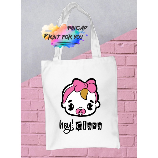 Custom Name cotton canvas tote bag with Boy Bayby & Girl Baby Hey + Name pattern