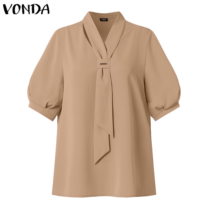 Vonda ผู ้ หญิงเกาหลีคอวีแขนสั ้ นผูกสีทึบปุ ่ มวันหยุดสํานักงานทํางานเสื ้ อ - รูปที่ 5