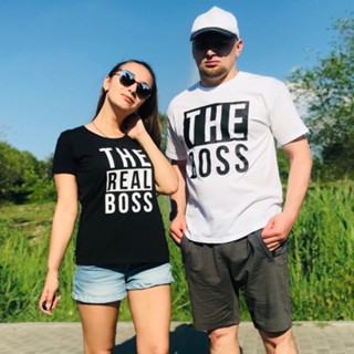 Funny The Boss/The Real Boss Couple Matching T-shirts Anniversary Newlywed Tops Lover T Shirt for Men Women Valenti_02