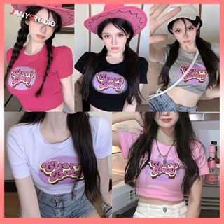 เสื้อครอปแขนสั้น  พิมพ์ลายตัวอักษร  สำหรับผู้หญิง  เสื้อยืดหลวม  เสื้อครอป  cherry  ใส่สบาย