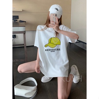 KUSHรักหมวกเสื้อยืดคอกลมแขนสั้นสไตล์สตรีทสไตล์สตรีนิยมพิมพ์ลายพิมพ์คอตตอน 100% TD07