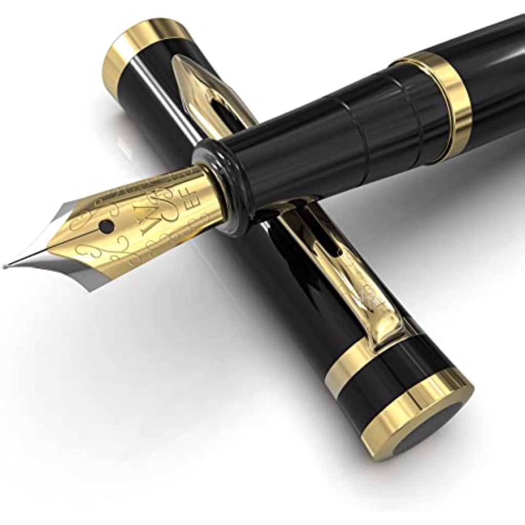 Words Worth &amp; Black Fountain Pen Set, 18K additional fine pen, 24 packs of ink cartridge, with ink refilling converter &amp; gift box, gold finish, potential, [black gold], ideal for men and women