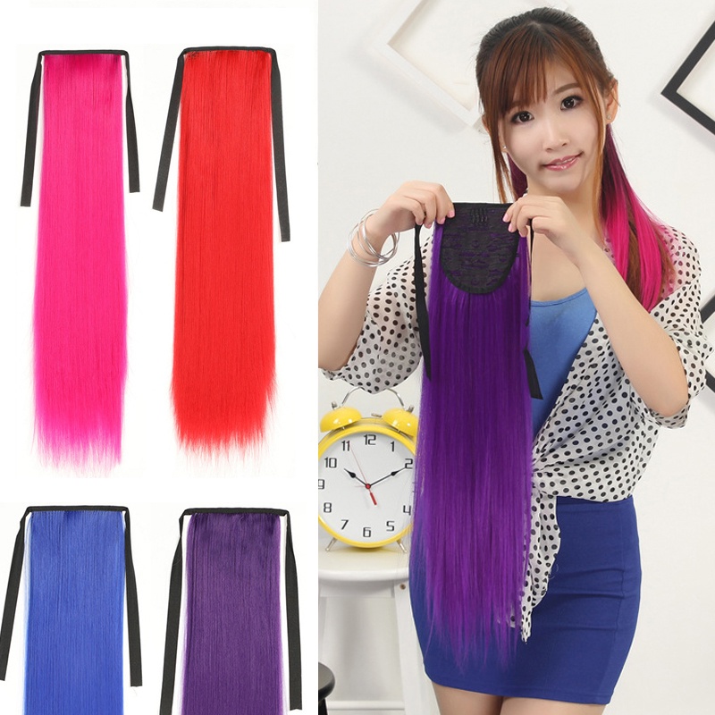 วิกผมหางม้ายาวตรง สีสันสดใส พร้อมสายคล้อง สีแดง สีชมพู สีฟ้า 60 ซม. แฟชั่นสําหรับผู้หญิง