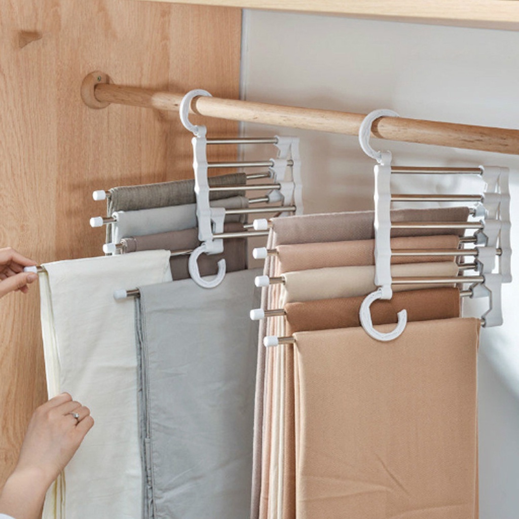 Rainbow สแตนเลส ที่แขวนกางเกง ที่เก็บของในตู้เสื้อผ้า Foldable stretch pants rack