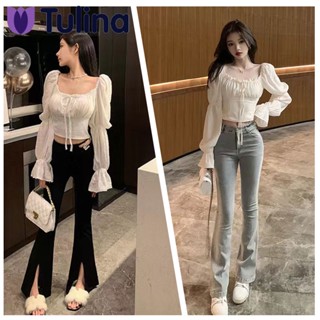 พร้อมส่ง  เสื้อครอป ครึ่งตัว คอเหลี่ยม แขนยาว ทรงเข้ารูปใส่แล้วดูผอม เสื้อครอปแขนยาว