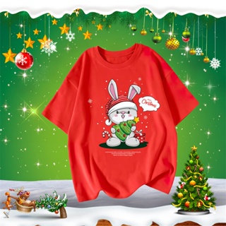 เสื้อยืดผ้าฝ้าย 2023 เสื้อเชิ้ต พิมพ์ลายการ์ตูน Merry Christmas เสื้อยืดคริสต์มาส Happy Rabbit ชุดครอบครัวพ่อแม่ลูก เสื้