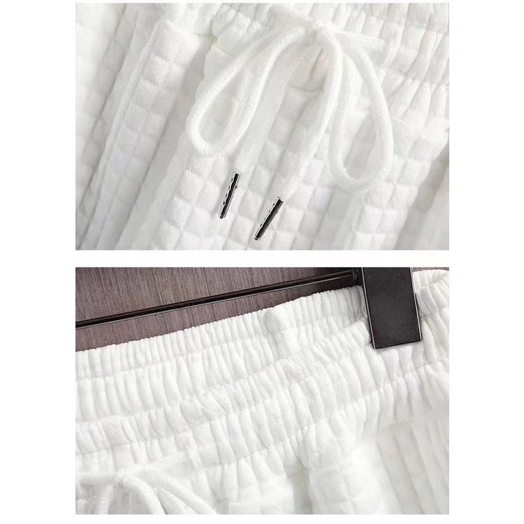 เสื้อยืดแขนสั้น กางเกงขาสั้น ผ้าถัก ลายวาฟเฟิล สีดํา สีขาว สําหรับผู้ชาย และผู้หญิง