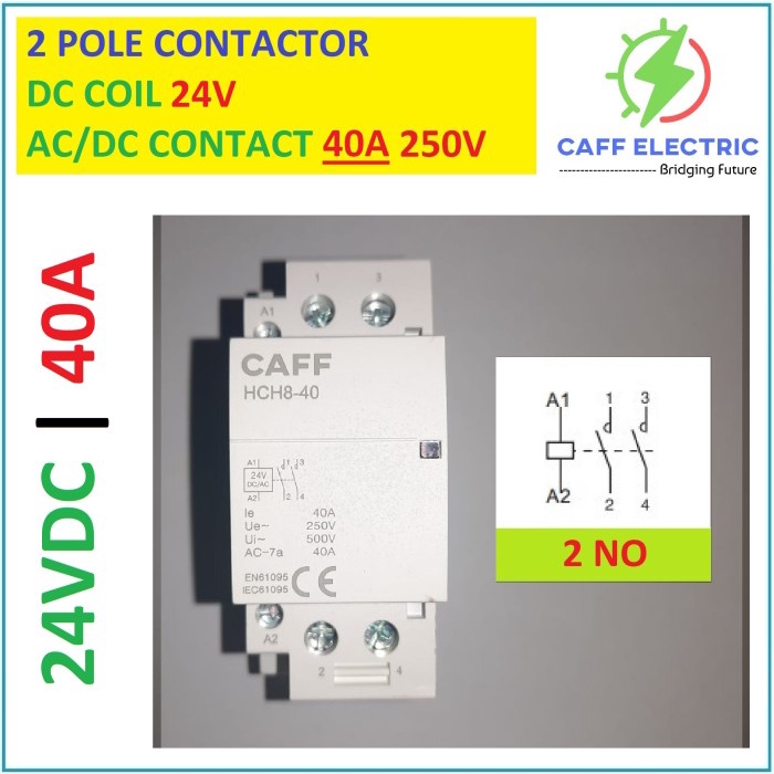 Caff DIN RAIL DC CONTACTOR 2P COIL 24VDC CONTACT DC/AC 250V 40A 2-NO NAI27