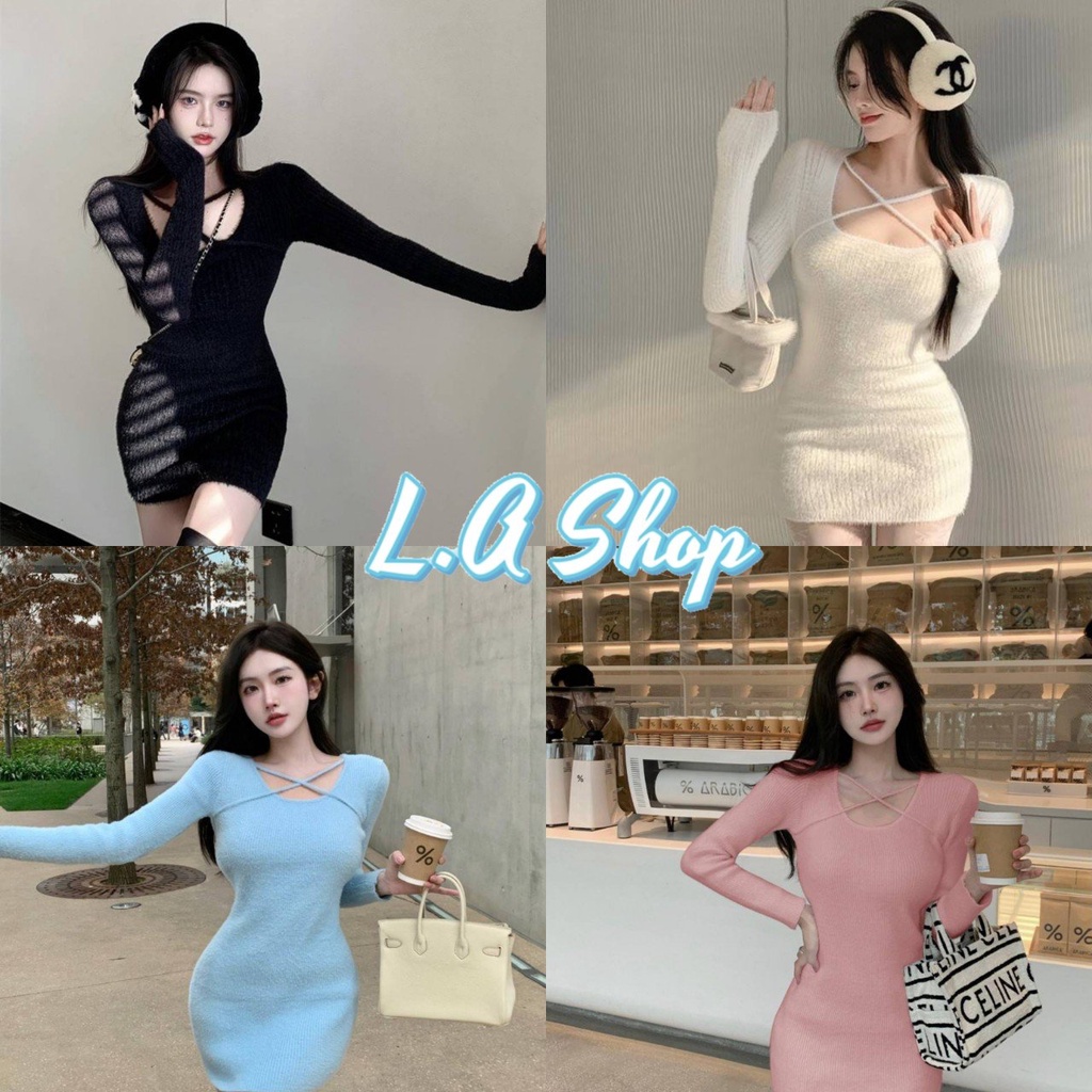L.A Shop พร้อมส่ง ชุดเดรสไหมพรมแขนยาว+ขนมุ้งมิ้ง ดีเทลสายคาดXXด้านหน้า "29043"
