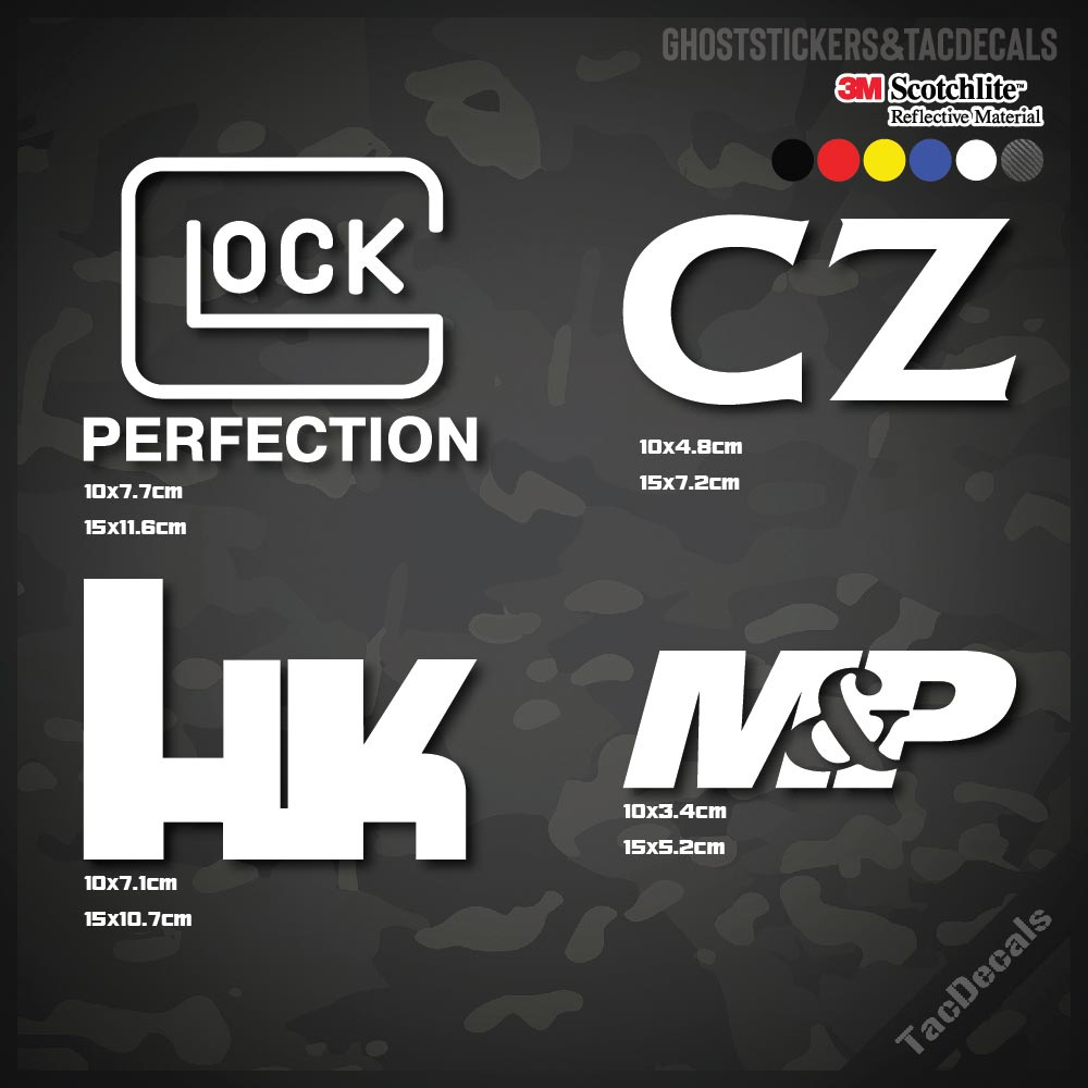 ชุด1 สติกเกอร์โลโก้ Glock/CZ/HK/Smith&Wesson M&P สติกเกอร์Tactical ติดรถยนต์ กล่อง มอเตอร์ไซค์ สะท้อนแสง3M