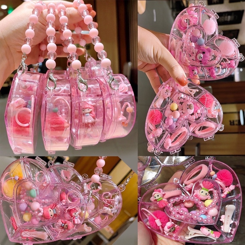 [พร้อมส่งจากไทย]เซตเครื่องประดับเด็ก ชุดสร้อยคอ แหวน กิ๊บติดผม ยางรัดผม พร้อมกระเป๋าเก็บสุดน่ารัก