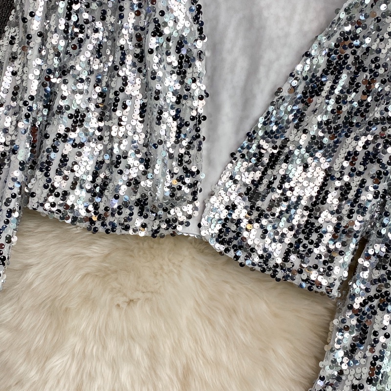 Glitz เสื้อคาร์ดิแกน คอวี แขนยาว กลิตเตอร์ สีดํา ทอง เงิน สําหรับผู้หญิง - รูปที่ 7