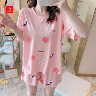 Yooyi Baju Tidur Wanita Piyama Korea Lengan Pendek Celana Pendek Motif Kartun Lucu Setelan Tidur Hotpants Murah Model Kaos Korea Fit to XXL 004