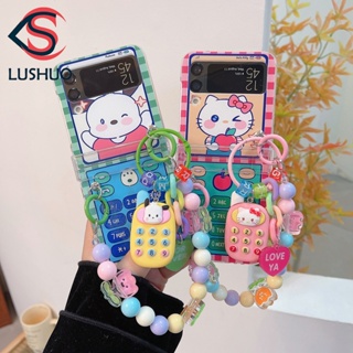 Lushuo เคสโทรศัพท์มือถือ ปิดด้านหลัง ลายตุ๊กตา Hello Kitty Pochacco 3D พร้อมสร้อยข้อมือ สําหรับ Samsung Galaxy Z Flip 3 5G and Z Flip 4 Sanrio Z Flip3 ZFlip3 ZFlip 3 Z Flip4 ZFlip 4