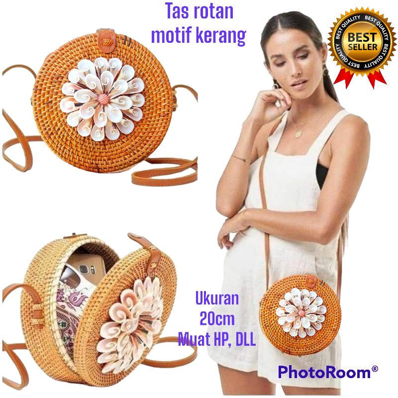 กระเป๋าหวายทรงกลม Balinese พร้อมเปลือก motif 20 ซม. 18 ซม. ห่อราคาฟรี
