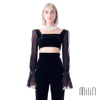 [MILIN] Ellison Top Straight neck Velvet crop top เสื้อครอปผ้ากำมะหยี่แขนยาวปักลูกปัดข้อมือ