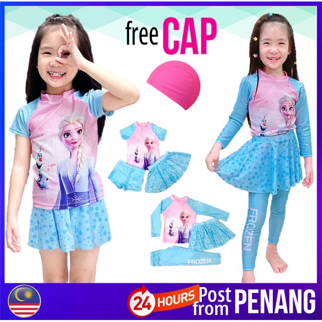138 ท้องถิ่น 3 ชิ้นเด็กชุดว่ายน้ํา Elsa Frozen ชุดว่ายน้ํา Baju Renang Budak Kecil 女童 衣