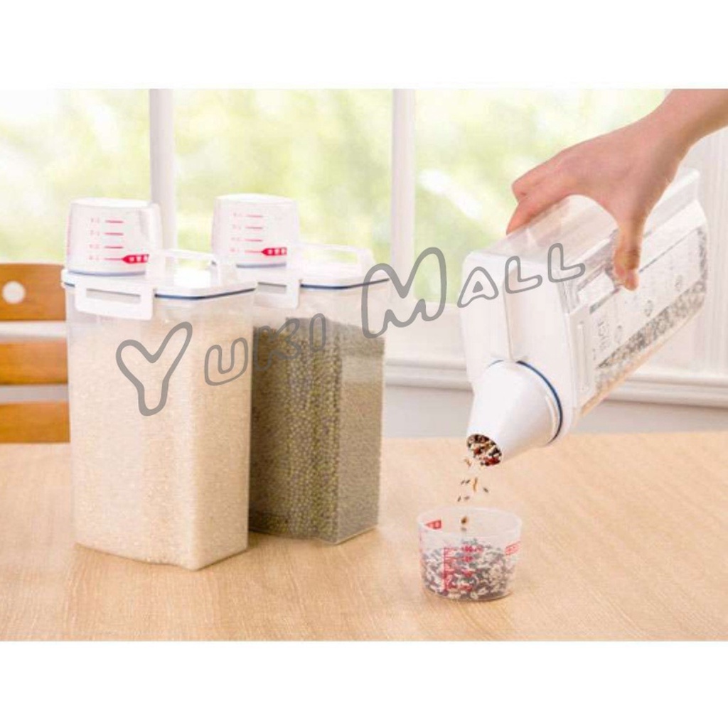 Yuki กล่องพาสติกเก็บเมล็ดข้าวสาร ทรงกระบอกน้ำ กันแมลง ความจุ 2 Kg. พร้อมถ้วยตวง Rice Container - รูปที่ 6