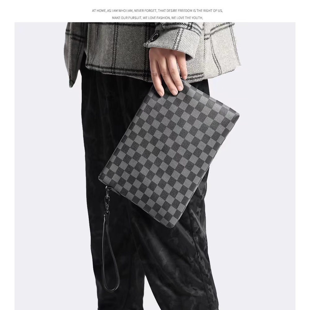 กระเป๋าถือผู้ชาย กระเป๋าใส่เอกสาร Simple handbag ลายตาหมากรุกหนังสีดำ Y2137