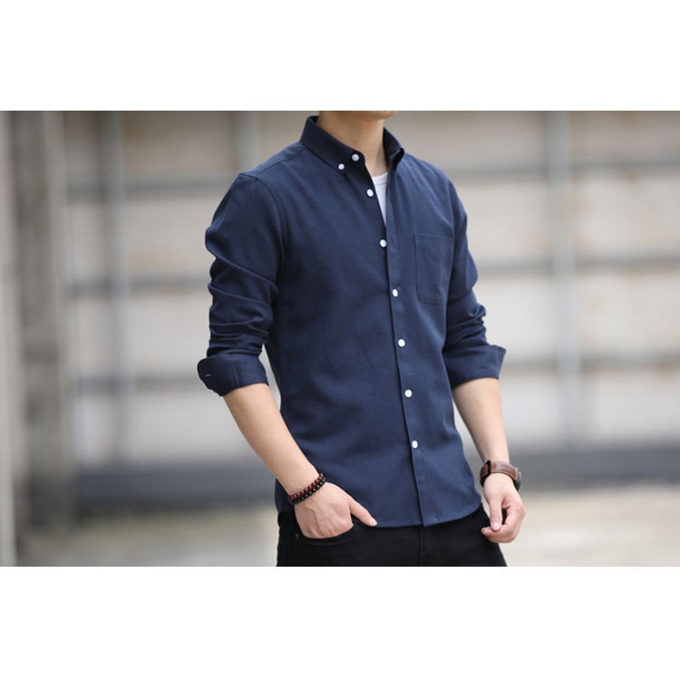 เสื้อเชิ้ตผู้ชายสีพื้นแขนยาว เสื้อเชิ้ตสไตล์เกาหลีผ้า Oxford รูปที่ 3