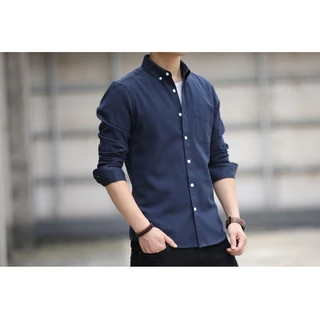 เสื้อเชิ้ตผู้ชายสีพื้นแขนยาว เสื้อเชิ้ตสไตล์เกาหลีผ้า Oxford