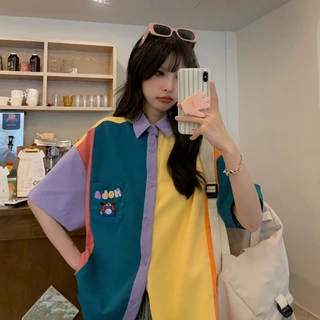 Rommers เสื้อเชิ้ตแขนสั้น ความยาวปานกลาง แบบบาง ทรงหลวม สีคอนทราสต์ สไตล์วินเทจ สําหรับผู้หญิง
