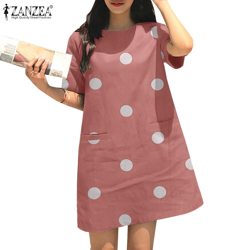 Zanzea ชุดเดรสแขนสั้นลําลอง ลายจุด สไตล์เกาหลี สําหรับผู้หญิง