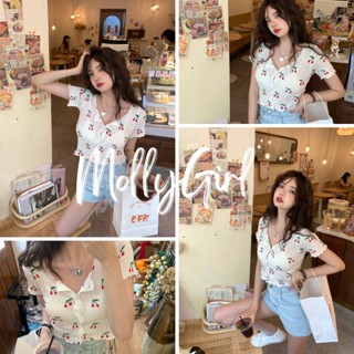 Mollygirl เสื้อครอปหญิง แขนสั้นลายเชอรี่น่ารักสดใสรับหน้าร้อน เสื้อครอป เสื้อแฟชั่นผญ 8852#