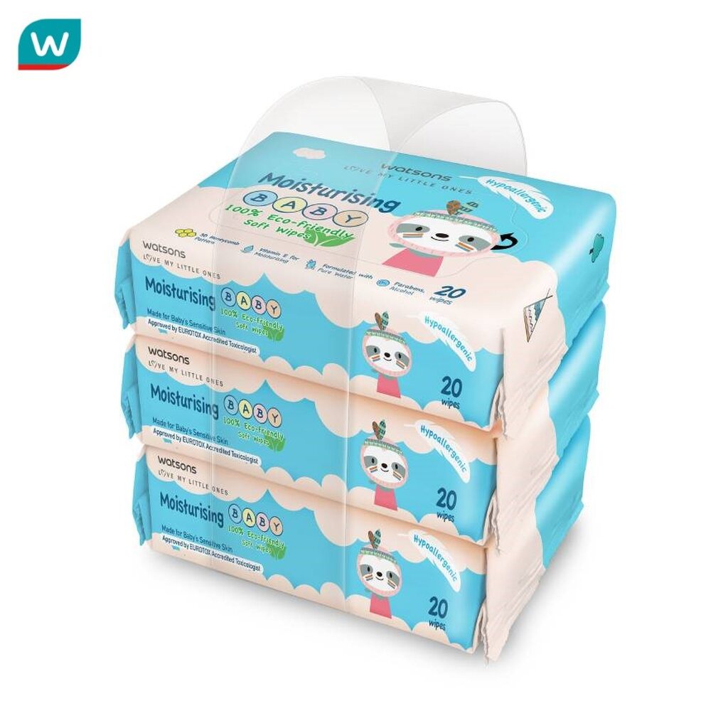 Watsons วัตสัน มอยซ์เจอไรซิ่ง เบบี้ 100 อีโค่-เฟรนด์ลี่ ซอฟท์ ไวพ์ 20แผ่น x 3 แพ็ค.