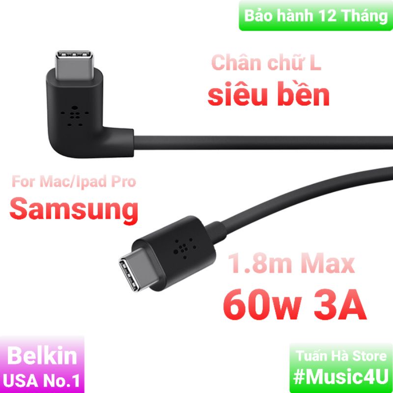 Belkin สายชาร์จเร็วแบบพับได้ 90 องศา USB type C to Type C 60W ทนทานสุดๆ 1.8m Tuan Ha Store