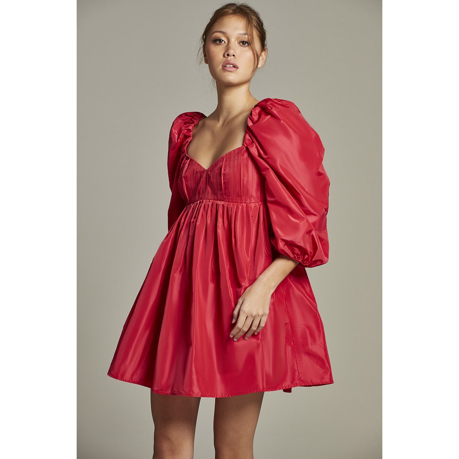 f.fashion เดรสสั้นแขนพอง ผู้หญิง สีชมพู | Puff Sleeve Short Dress | 05869
