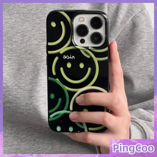 PingCoo - Candy Case For iPhone 14 13 12 11 Plus Pro Max XR TPU Soft Glossy Black Case Green Smiley and Heart Camera Protection Shockproof Back Cover