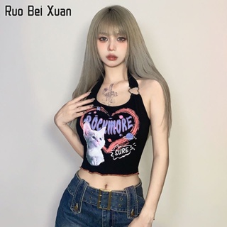 RUO BEI XUAN เสื้อกั๊กสตรีพิมพ์ลาย Halter Camisole แขนสั้นเข้ารูปพอดีตัวเสื้อยืดแขนกุด