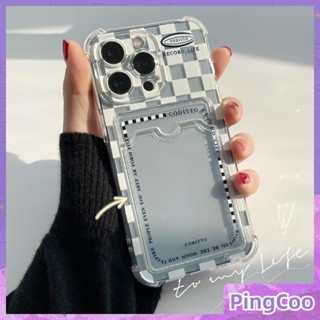PingCoo - Card Holder Case For iPhone 14 13 12 Pro Max 11 XR TPU Soft Clear Back Cover Checkerboard Camera Protection Shockproof