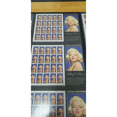 แสตมป์ชุดบนกรอบรูป Marilyn Monroe, Humphrey Bogart,James Dean ชุดละ120ดวงดวงละ32centติดกันทั้งแผ่นขา