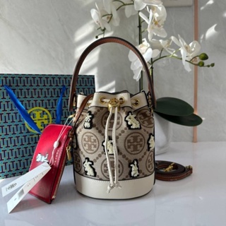 TORY BURCH MINI T MONOGRAM EMBROIDERED RABBIT BUCKET BAG WITH LEATHER SMALL WALLET