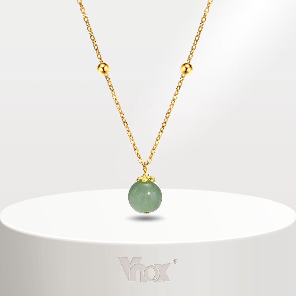สร้อยคอ จี้ลูกปัดหยกนําโชค สีเขียว Vnox โซ่สเตนเลส สีทอง เครื่องประดับ ของขวัญ หรูหรา