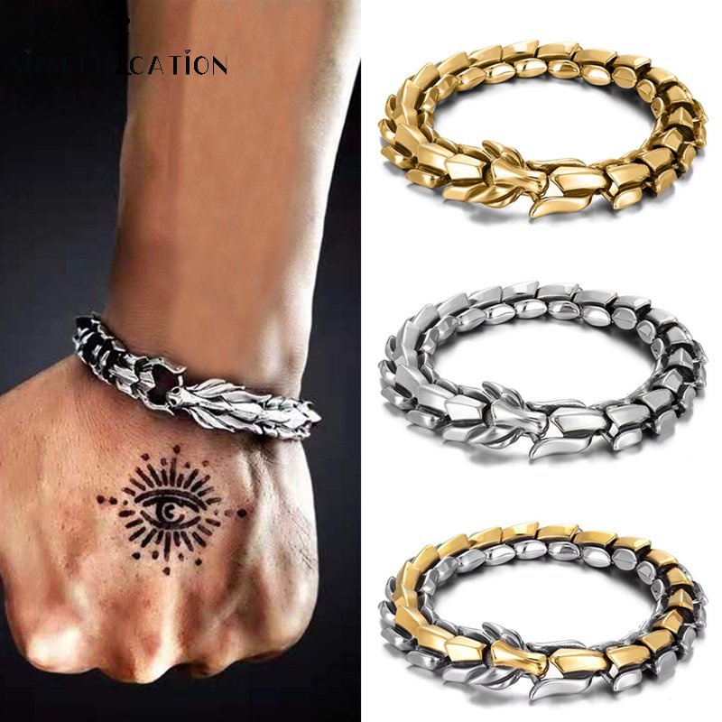 เครื่องประดับ สร้อยข้อมือเหล็กไทเทเนียม จี้หัวมังกร สไตล์พังก์ฮิปฮอป สําหรับผู้ชาย