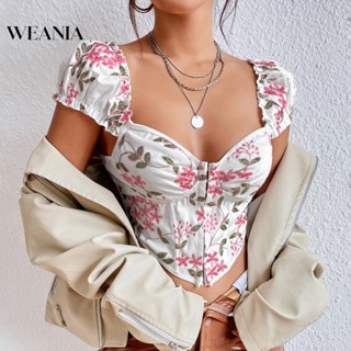 Weania Ins เสื้อครอปท็อป คอสี่เหลี่ยม ปักลาย สไตล์วินเทจ สําหรับผู้หญิง