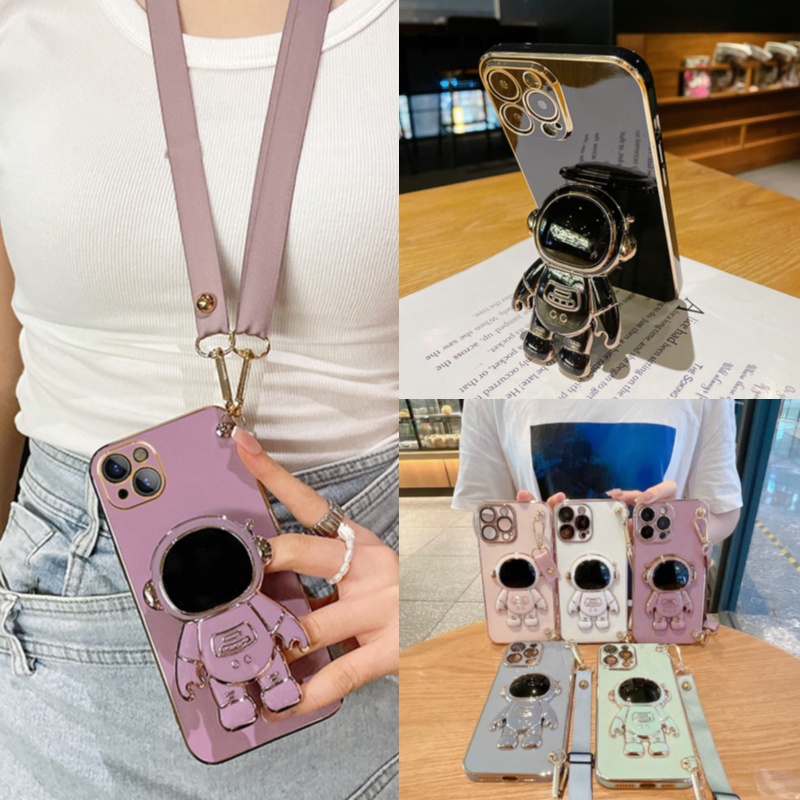 เคส Huawei Y7A Y6P Y9 Y9S Y7 P30 Lite Nova 3i 5T 7 9 10 SE Y70 Y61 Nova3i Nova5T HuaweiP30 Huaweiy9 huaweiy7 Pro2019 Pro Prime 2019 2020 Electroplating Astronauts Holder Soft Case With Lanyard