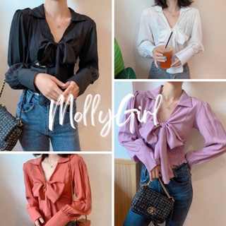 Mollygirl เสื้อคอปกแต่งผูกโบว์อกสม็อคเอวแขนยาวสุดปัง เสื้อเชิ้ตหญิง เสื้อครอป เสื้อแฟชั่นผญ 654#