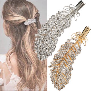 【AG】Hair Clip Shiny Feather Shape Alloy Rhinestone Hair Barrette for Dating