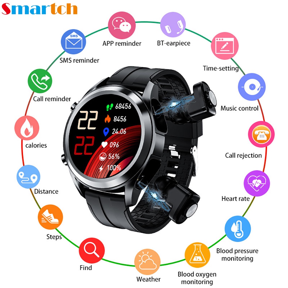 Tws 2 In 1 หูฟังฟันสีฟ ้ าสมาร ์ ทนาฬิกาไฮไฟชุดหูฟังเพลง 1.28 นิ ้ ว Heart Rate หูฟังกีฬาหูฟังไร ้ สาย Smartwatch