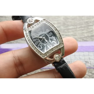 นาฬิกา Vintage มือสองญี่ปุ่น AIBISTE ระบบ QUARTZ ผู้หญิง ทรงสี่เหลี่ยม กรอบเพชร หน้าดำ หน้าปัด 27mm