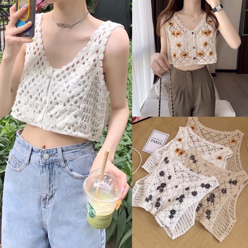 เสื้อกั๊ก เสื้อถักปักลายดอกไม้ ทรงครอป