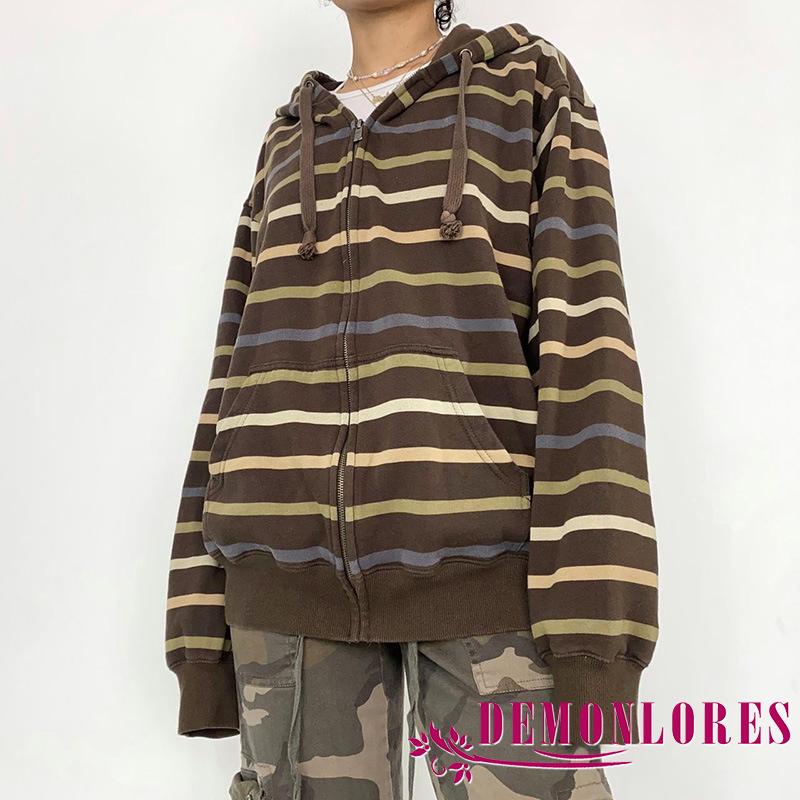 Demonlores-ผู้หญิงy2k Zip Up Drawstring Hoodie Casualลายเสื้อแขนยาวแจ็คเก็ตฤดูใบไม้ร่วงStreetwear