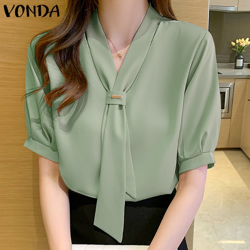 Vonda ผู ้ หญิงเกาหลีคอวีแขนสั ้ นผูกสีทึบปุ ่ มวันหยุดสํานักงานทํางานเสื ้ อ - รูปที่ 3